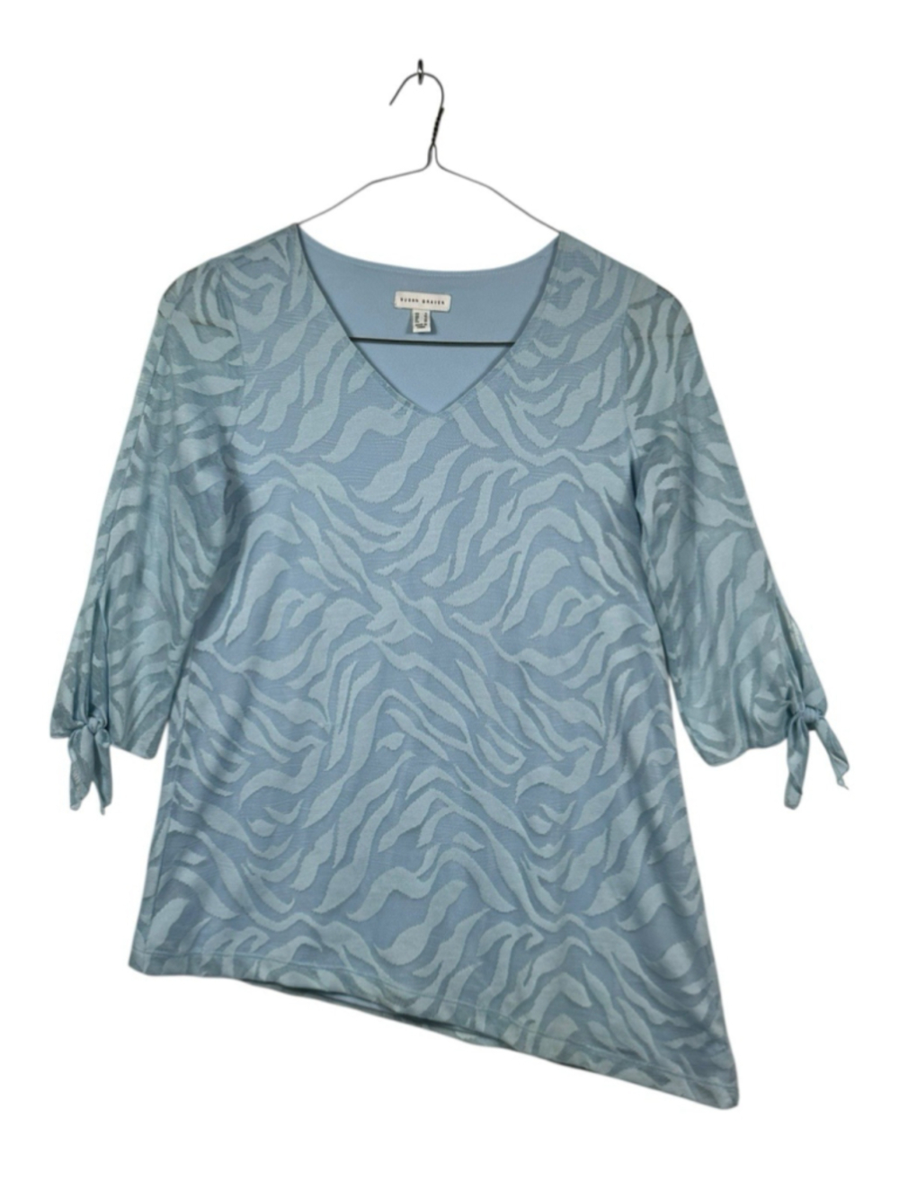 Susan Graver Blouse Top Blue Zebra Stripe Fully Lined Asymmetric Hem Women Small